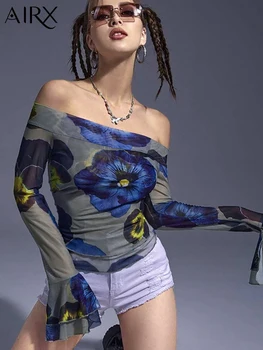 AIRX Topuri cu Maneci Lungi Femei Plasă de Imprimare T-Shirt Toamna Skinny Slim Top Slash Gât Casual Femei Haine Streetwear