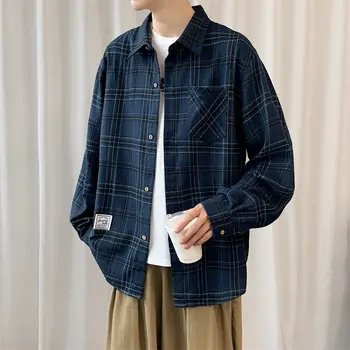 2022 Nouă Bărbați Supradimensionate Camasa Maneca Lunga Single-Breasted De Sex Masculin Camasa Carouri Coreea Style Moda Haine De Epocă Verde Streetwear