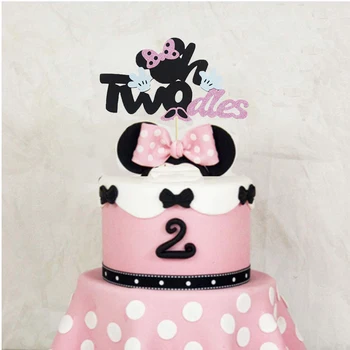 Minnie Tort Joben Negru cu Sclipici Minnie Mouse Inspirat Happy Birthday Cake Topper Cu Arcuri Roz și Mănuși Albe Fete Ziua de nastere