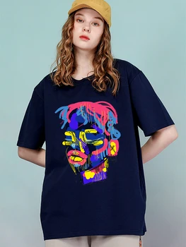 Doodle colorat Fețele Y2K Amuzant Imprimare Tricou Femei din Bumbac Tricouri de Vara Supradimensionate Maneci Scurte Hip Hop Vrac Femei T Shirt