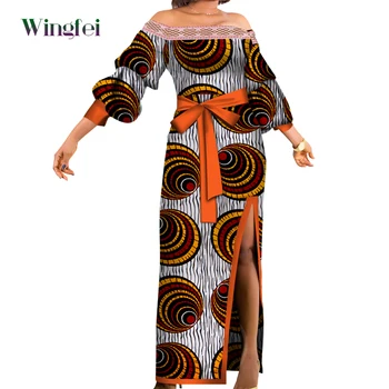 Bazin Riche Africane Rochii pentru Femei de Imprimare Sexy Slash Gât Rochii Dashiki Africane Tradiționale de Îmbrăcăminte, Rochii de Seara WY3304