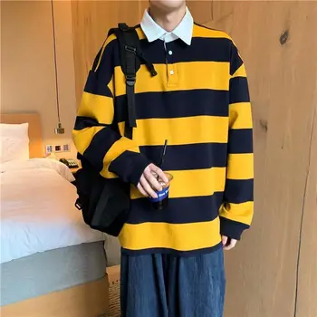 Toamna Cu Dungi De Turn-Down Mâneci Lungi T-Shirt, De Înaltă Calitate, Simplu De Bumbac Top Harajuku Vânzare Fierbinte Stil Vintage Unisex Haine