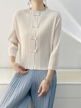Primăvara anului 2022 Femei Catarama Vintage Cardigan Jacheta Miyak falduri Moda Vrac Plus Size Slim Fit Plisata cu maneci lungi de Sus