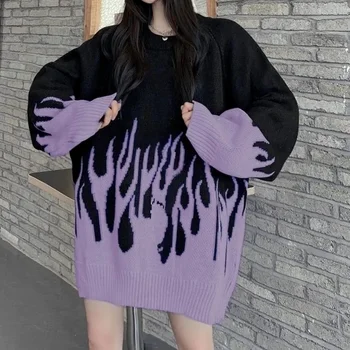 QNPQYX Gotic Streetwear Foc Violet Imprimate Pulover Tricotate Femei Harajuku Hippie, Vintage O-Gât Supradimensionat Maneca Lunga Jumper