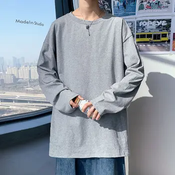 Primăvara Bumbac T-shirt pentru Bărbați Moda O-gât Pulover Tricou Barbati Streetwear coreean Pierde cu mâneci Lungi Tricou Barbati Topuri M-5XL