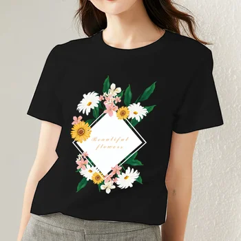 Femei T-shirt Casual Slim Clasic Negru Moale de Floarea-soarelui Model de Imprimare Respirabil O-gât Confortabil Tineret Îmbrăcăminte pentru Femei Top