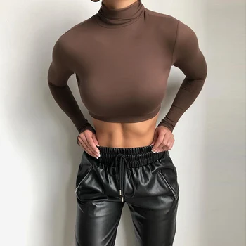 Femei De Moda T-Shirt Sexy De Culoare Solidă Cultură Topuri Guler Maneca Lunga Slim Fit Tee Top 2021 Nou La Modă Pulover De Sus