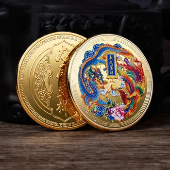 45mm Chineză Colorate Dragon și Phoenix Colecție de Monede Noroc Mascota Metal Placat cu Aur Comemorative Suveniruri 2022 2