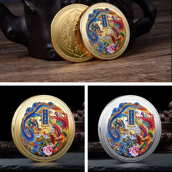 45mm Chineză Colorate Dragon și Phoenix Colecție de Monede Noroc Mascota Metal Placat cu Aur Comemorative Suveniruri 2022 4