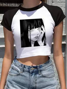 Crop Topuri tricou Nou Anime Junji Ito T-shirt Femei Harajuku Kawaii Coreea Casual Kawaii Y2K Mozaic Alb T Shirt