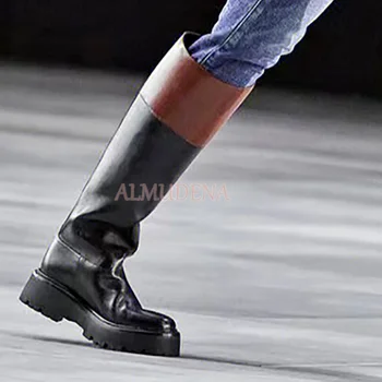 Negru Din Piele Platforma Rotund Toe Culori Amestecate Indesata Toc Cizme Genunchi Ridicat Plat Timp De Boot Mult Femeile Pista De Pantofi De Designer