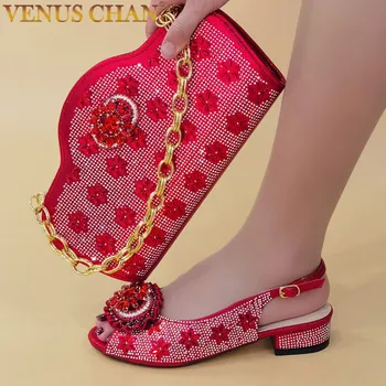 Venus Chan 2022 Design Italian Nigerian Petrecere de Moda de Culoare Roșie Doamnelor Pantofi și Geantă Set Cu Stras și Metal Decor