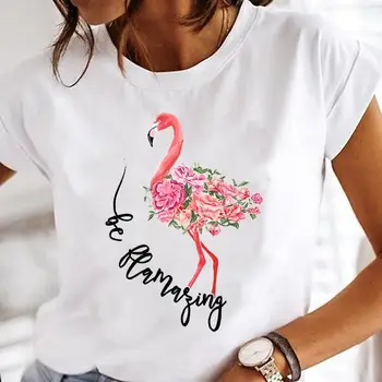 Femei Elegant Floare Flamingo Desene Animate De Imprimare Topuri Grafic Tricouri Femei Tricou Haine De Moda Cu Maneci Scurte Doamna T-Shirt