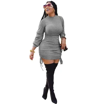 2021 Femei De Moda Sac Cordon Negru Hip Rochii Mini De Culoare Solidă Maneca Lunga Împletit Sexy Bodycon Eleganta Rochie De Petrecere