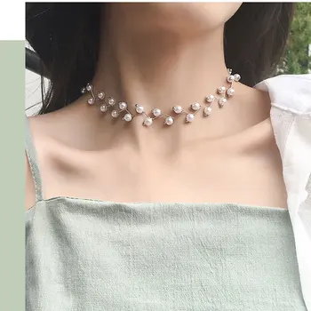 Elegant Pearl Cristal Negru Cravată Coliere Pentru Femei Fete Asimetrice Lanț Colier De Zi Cu Zi Petrecerea De Nunta Bijuterii De Moda