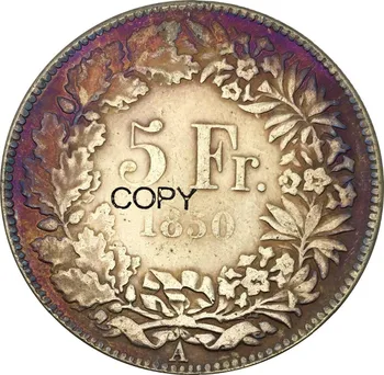Elveția 1850 Așezat Helvetia 5 Franci Alama Placat cu Argint Copia Monede MONEDE Comemorative 2