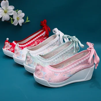 Vechi Antic Hanfu Brioșă Pânză Pantofi Femei Tradițională Chineză Stil Crescut Panta Toc Broderii Etnice Performanță Pantofi