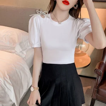 Maneci scurte T-shirt Femei Hollow Out Off-umăr Elegant Design Simplu OL Bază Sexy Mujer coreea Style Slim Moda Vizual