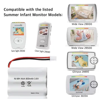 3.6 V Acumulator de schimb 29600-10 (Conector) se potrivește Doar la Summer Infant Baby Monitor Wide View 28650 29000 29000A & Clear Sight 5