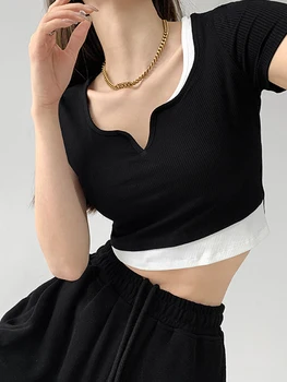 American Streetwear Fals Două piese T-shirt Femei Vara Slim V-neck Mozaic Topuri de Cultură 2022 Noi
