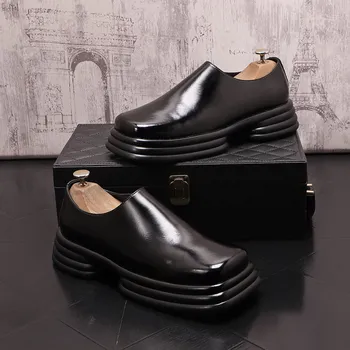 Designer Mens Rochie Neagra Pantofi de Moda Înainte Tocuri Groase Înălțime Creșterea Aluneca Pe Petrecere Zapatos Deget de la picior Pătrat 38-43 ERRFC