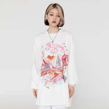LACIBLE Hip Hop Supradimensionat Vintage Spălat T-Shirt Streetwear Harajuku Rupt Grafic Pulover 2021 Toamna Bumbac Maneca Lunga Tees