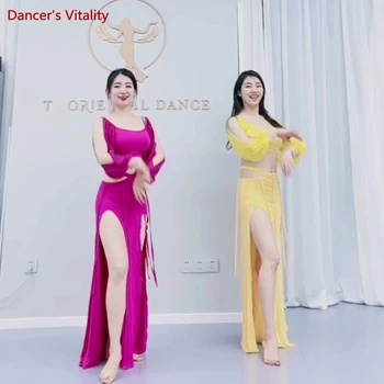 Burtă de Dans Practică Haine Set Șifon Mâneci Lungi de Top+split Fusta pentru Femei Dansul din Buric Exercițiu Haine Orientale Tinuta
