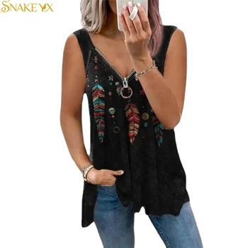 ȘARPE YX 2022 Vara Nou Stil Occidental Tipărite V-Gât cu Fermoar Femei fără Mâneci T-Shirt