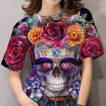 2022 Femei T-Shirt Trunchiate Epocă Craniu 3D de Imprimare Tricou Femei Topuri de Vara Tricou Supradimensionat Haine Fata Kawaii Harajuku Tricou
