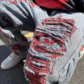 High Street Hip Hop Distruge Periat Brodate Blugi Largi Casual Straight Leg Denim Pantaloni Om Femeile