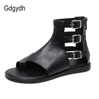 Gdgydh Retro Vintage Plat Sandale De Vara Femei Stil Japonez, Moda Cataramă Pantofi De Vara, Sandale Cu Fermoar Spate Piele Neagra