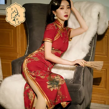 Femei elegante de Imprimare de Flori Rochie de Mireasa Oriental Mireasa Satin Mandarin Guler Seara Qipao Supradimensionat 6XL Maneca Lunga Cheongsam