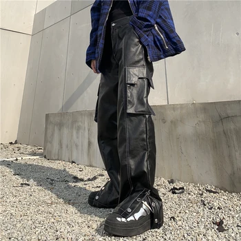 Harajuku Talie Elastic Pocekts Pu Negru Din Piele Pantaloni De Mens High Street Culoare Solidă Direct Casual Pantaloni Largi Supradimensionate