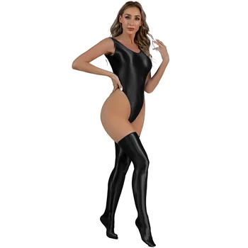 Femei Sexy High Cut Body cu Ciorap de Utilaje Ulei Strălucitor fără Mâneci Elastic Colanti costume de Baie intregi Costume de baie Costum de Baie