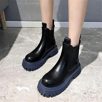Doamnelor Cizme cu Platforma din Piele Rotund-Deget de la picior Indesata Chelsea Cizme Femei de Primăvară de Moda All-meci de Cauciuc Non-alunecare Pantofi