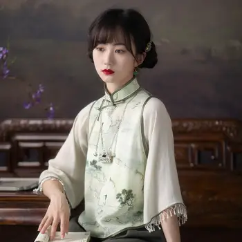 Vintage Lenjerie De Pat Din Bumbac Floral Print V-Neck Cămașă Stil Chinezesc Tradițional De Sex Feminin Hanfu Bluza Naționale Vrac Femei Topuri Tang Costum 4