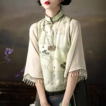 Vintage Lenjerie De Pat Din Bumbac Floral Print V-Neck Cămașă Stil Chinezesc Tradițional De Sex Feminin Hanfu Bluza Naționale Vrac Femei Topuri Tang Costum 5
