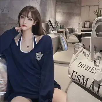 Sexy Albastru Oversize T-Shirt Fata De Toamna High Street Topuri Stil Coreean Teuri De Cauzalitate Harajuku Punk Gotice V-Gât Camasi Amuzant T