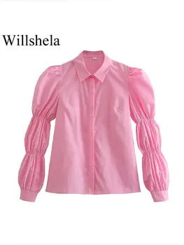 Willshela De Moda Pentru Femei Bluza Roz Vintage Rever Gât Pieptul Singur Balon Mâneci Lungi De Sex Feminin Chic Lady Tricouri