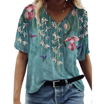 2022 Noua Moda Haine de sex Feminin Sexy V-neck Model Floral pentru Femei T-shirt de Primăvară și Vară cu mânecă Scurtă Topuri