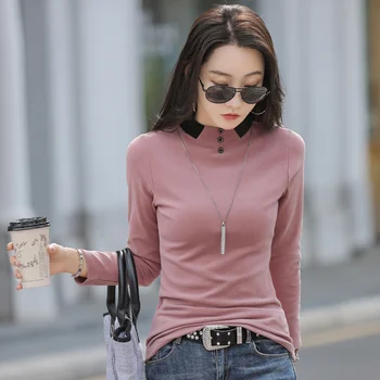 #0343 Toamna Iarna Femei Tricou O-gât Butoane Casual de Bază Tricou Femei Slim Stil coreean cu Mâneci Lungi T-shirt Culoare Solidă 0