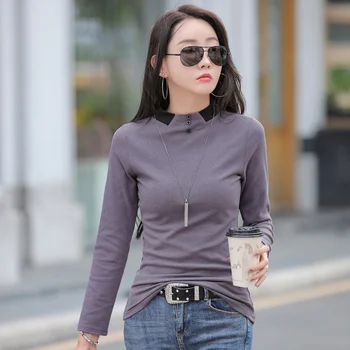 #0343 Toamna Iarna Femei Tricou O-gât Butoane Casual de Bază Tricou Femei Slim Stil coreean cu Mâneci Lungi T-shirt Culoare Solidă 1