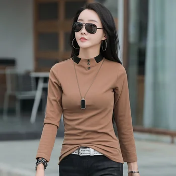 #0343 Toamna Iarna Femei Tricou O-gât Butoane Casual de Bază Tricou Femei Slim Stil coreean cu Mâneci Lungi T-shirt Culoare Solidă 3