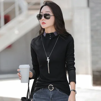 #0343 Toamna Iarna Femei Tricou O-gât Butoane Casual de Bază Tricou Femei Slim Stil coreean cu Mâneci Lungi T-shirt Culoare Solidă 5