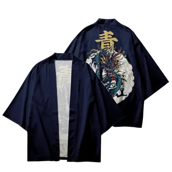 Moda Dragon Imprimare Tricouri Negre Kimono Tradițional De Bărbați, Femei Yukata Samurai Japonez Cardigan Cosplay Haori Din Asia De Îmbrăcăminte