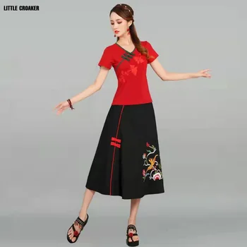 Lenjerie de pat din bumbac Tradițională Chineză Epocă Cheongsam Topuri Broderie Femei O-gât Stil Liber de Îmbrăcăminte Retro Fusta Costume