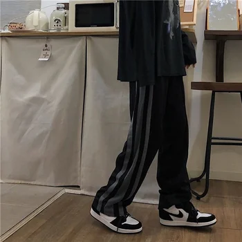 HOUZHOU Negru Largi Picior pantaloni de Trening Femei Harajuku coreeană de Moda Casual cu Dungi Talie Elastic Pantaloni Bf Pantaloni Largi Toamna