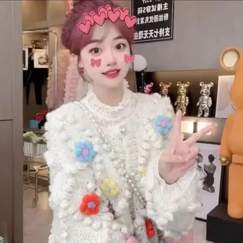 2023 Primavara Toamna Noua Dulce coreean Pulover Cardigan3D Plin de Flori O-Neck Cardigan Femei Minunat All-meci Mici Proaspete