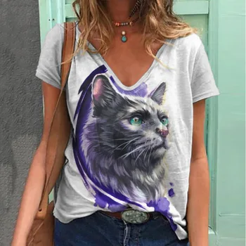 2022 nouveau chat animale 3D de Arta de Imprimare t - shirt Liber de Vară de Moda Scurt Maneca V Gat Pierde t - shirt Îmbrăcăminte