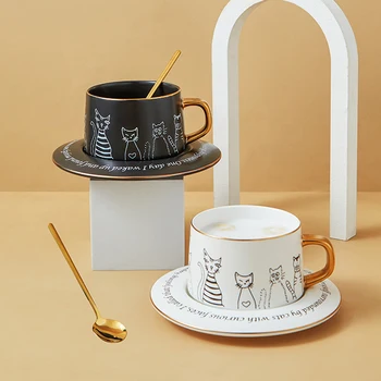 Desene animate Pisica de Portelan Cana de Cafea Cu Farfurie de Aur Lingura Modern Decor Alb Negru din Ceramică Ceașcă de Ceai și Tava Cuplu Drăguț Cadouri